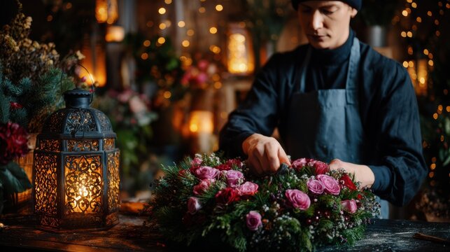 Florist assembling festive Christmas wreath on wooden table with glowing lanterns and holiday garlands, with florist, wreath, christma, holiday detail, showing lantern, garland, bokeh, closeup context