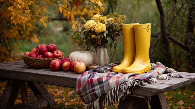 Yellow rain boots on rustic wooden bench with apples and knitted blanket in autumn orchard, with boot, yellow, rainboot, bench detail, showing wooden, blanket, knitted, apple context