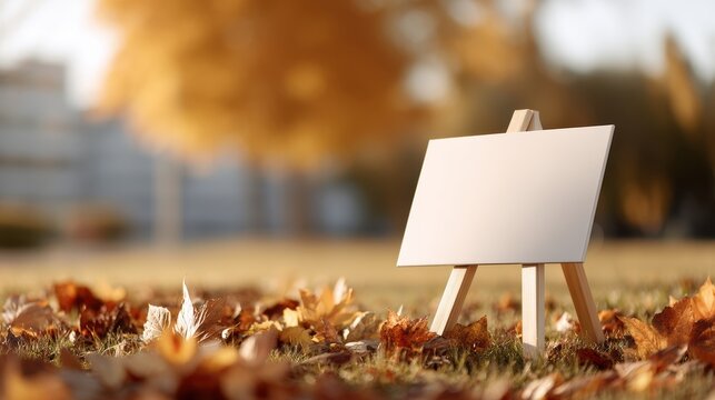 Small blank sidewalk chalkboard sign standing among autumn leaves on city pavement with soft background bokeh, with chalkboard, sign, sidewalk, pavement detail, showing leave, autumn, fall, bokeh