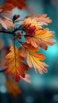 Closeup of dewy autumn leaves glowing in warm golden light with soft bokeh background, with leave, autumn, dew, morning detail, showing golden, sunlight, warmth, orange context