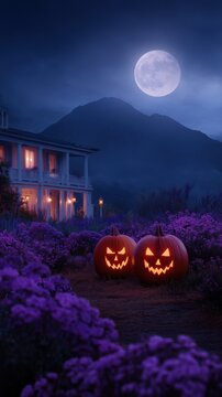 Haunted house at night with glowing carved pumpkins under full moon in flowered yard, with pumpkin, jackolantern, carved, glowing detail, showing lantern, house, victorian, mansion context