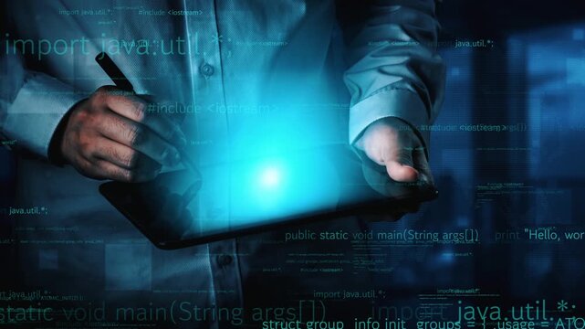 A programmer uses a digital tablet to write code surrounded by glowing data streams. This image reflects innovation in technology and the digital workspace atmosphere. Xenic