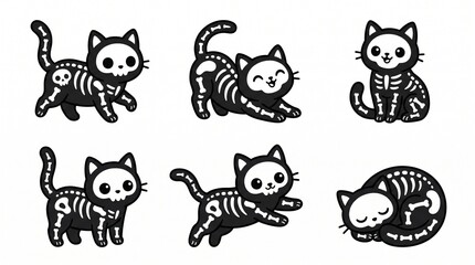 Obraz premium Black Cats in Skeleton Patterns, Cute Halloween Cat Illustrations, Spooky Pet Design Elements