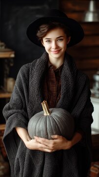 Smiling young woman in winter hat holding small pumpkin outdoors in warm light, with woman, smile, young, female detail, showing portrait, winter, hat, knit context