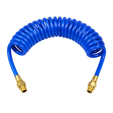 Isolated coiled blue air hose with brass fittings, pneumatic tool