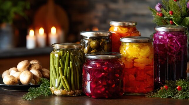 Assorted pickled vegetables in glass jars on wooden table with warm candlelight, moss accents, soft focus background, colorful preserved produce, cozy rustic food styling