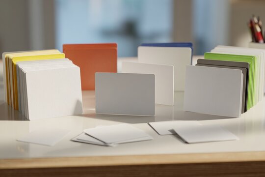 Blank color-coded cards arranged on table for recycling audit
