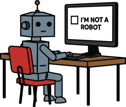 Gray Retro Robot Sitting at Desk Facing Unchecked "I'm Not A Robot" Checkbox on Monitor, Ironic Cartoon Vector Illustration
