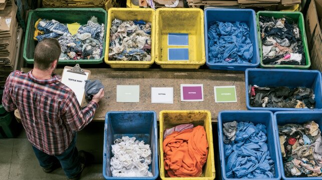 Worker sorting textile scraps at recycling center with bins and color labels