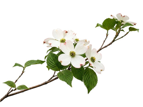Dogwood tree branch with white flowers and green leaves isolated on transparent background