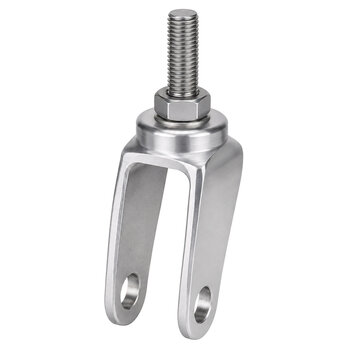 Isolated metal clevis fork with threaded stud and nut, industrial