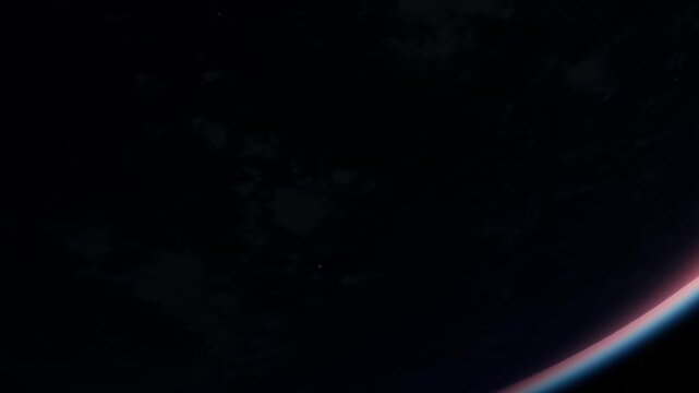 A planet is visible in space with a dark background. The surface has a curved edge with light. No details about specific features are clear. The scene shows emptiness around the planet.