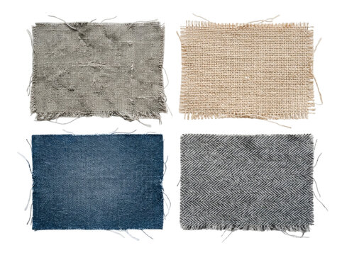 Set of four different fabric and textile swatches isolated on transparent background