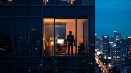 Fototapeta na wymiar Man in suit looking out office window at city skyline at night