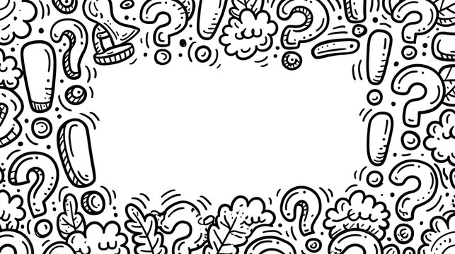 Whimsical border of doodles featuring question marks and exclamation points.
