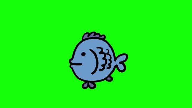 Fish blue simple cartoon animation green screen. Cute doodle crazy shaking water character animal with black outline opening mouth swimming seamles loop isolated.