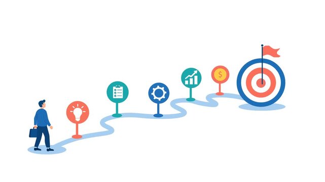 Business Goal Process Road map To Financial Success Flat Design Animation. Businessman Follows A Strategic Roadmap Through Idea, Planning, Optimization, and Growth Toward A Final Target
