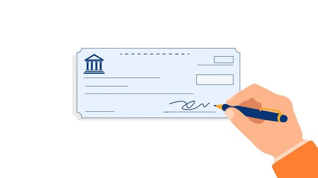 Hand Writing A Signature On A Bank Check With A Pen Flat Design Animation. Payment Authorization, Financial Approval, Banking Transactions, And Business Agreements