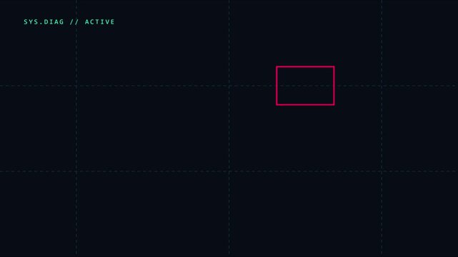 Digital system diagnostic interface with pulsing red data box and grid overlay animation 4k active