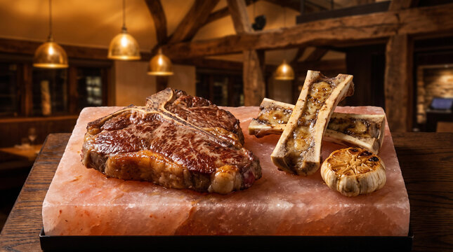 Massive Porterhouse beefsteak accompanied by roasted bone marrow and garlic, served on a heated Himalayan salt block. Warm ambient lighting in an upscale rustic steakhouse.