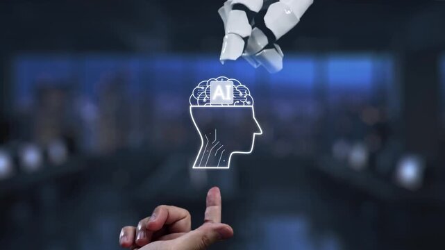 A robotic hand interacts gently with a human finger, symbolizing the merging of artificial intelligence and human intellect in a modern office setting. Synapse