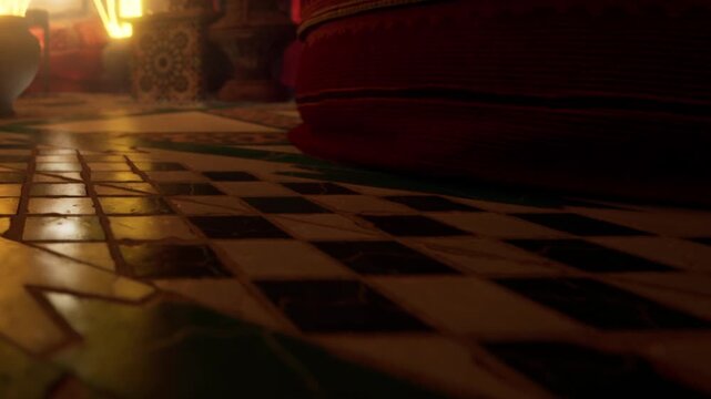 The scene shows the floor covered with traditional tiles in a warm room. There is soft lighting that creates a welcoming atmosphere. The focus is on the tile pattern and texture.