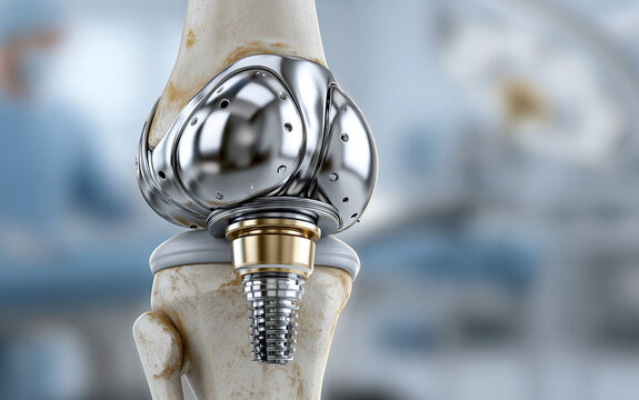 Detailed digital medical illustration of a knee joint replacement with metallic implant and blurred operating room background.