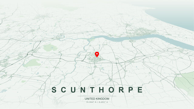 Minimalist vector map of Scunthorpe, North Lincolnshire, England, United Kingdom. High-quality scalable illustration of Scunthorpe boundaries along Bottesford Beck, Ashby Ville Lake for posters design