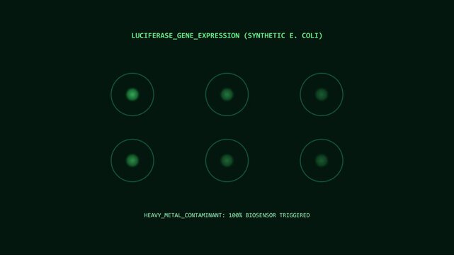 Luciferase gene expression synthetic e. coli biosensor interface detecting heavy metal contaminant animation 4k