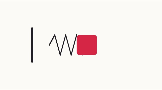 Minimalist 2 d animation of a red square attached to a bouncing spring physics simulation 4k motion