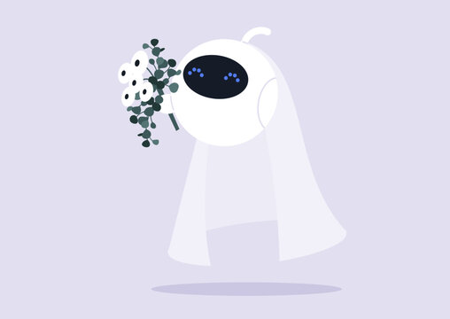 In a playful and enchanting setting, a robot bride elegantly sways while holding a delicate bouquet and wearing a veil, blending futuristic charm with traditional details, creating a lively atmosphere