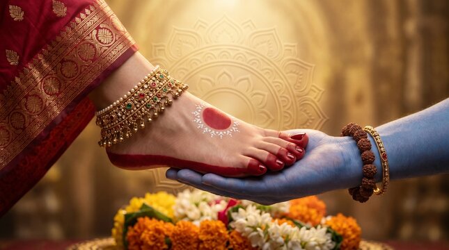 Shiva and Parvati feet touching symbolic divine union Hindu devotional artwork