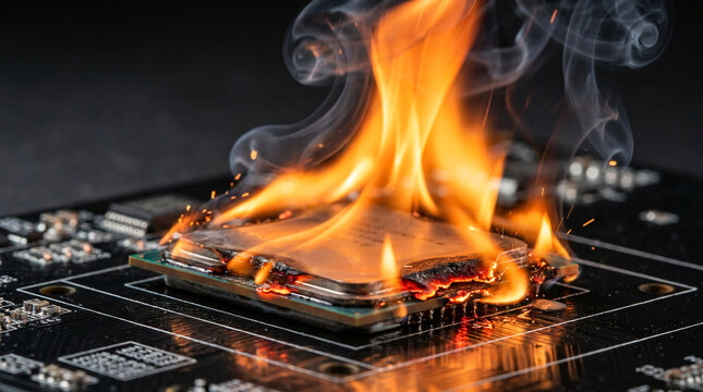 Concept stock photo of a computer processor burning on a motherboard. Microchip failure with orange flames and smoke illustrating cyber risk, hardware damage, or system crash.