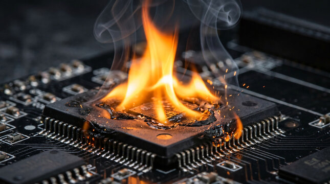 Concept stock photo of a computer processor burning on a motherboard. Microchip failure with orange flames and smoke illustrating cyber risk, hardware damage, or system crash.