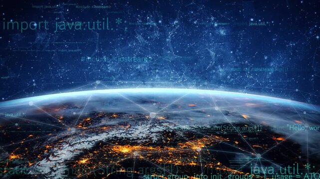 Awe-inspiring view of Earth atmosphere enhanced with digital programming elements and cosmic visuals, conveying a blend of technology and space exploration. Xenic