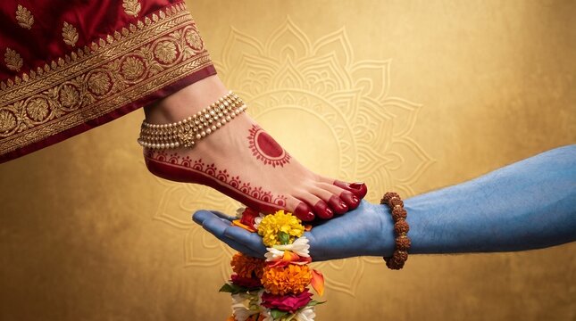 Shiva and Parvati feet touching symbolic divine union Hindu devotional artwork