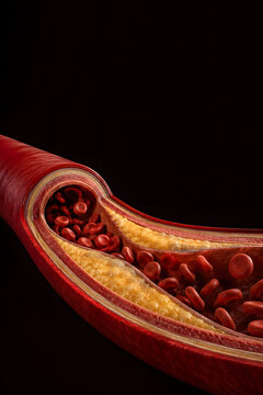 Photorealistic artery cross-section showing cholesterol plaque narrowing the blood vessel, atherosclerosis and restricted blood flow, with realistic arterial layers and red blood cells.