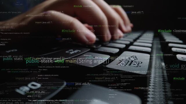 A close-up view of hands actively typing on a keyboard, layered with lines of code, capturing the essence of programming and the digital work environment. Xenic