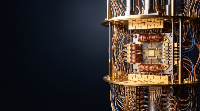Close-Up View of Quantum Computer Hardware, Wiring, and Processor Core in High-Tech Lab