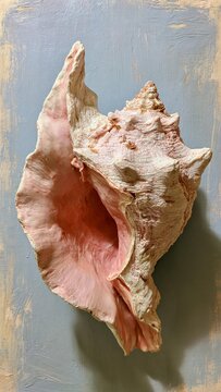 Detailed conch shell with textured exterior and pink interior on