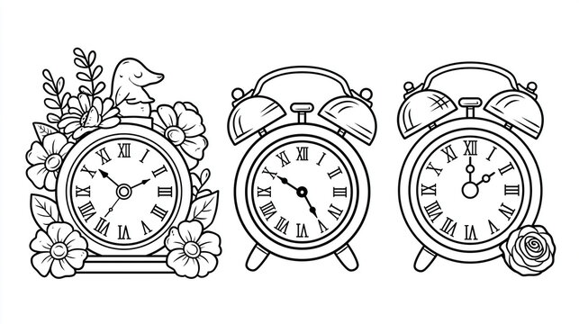 Pattern of vintage alarm clocks illustrated with flowers and decorative accents.