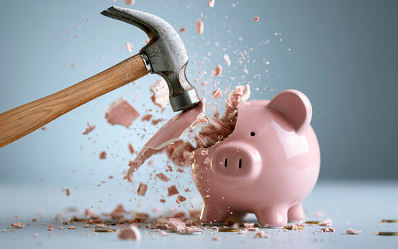 Hammer smashes pink piggy bank, shattering ceramic into pieces mid-air. Represents financial crisis, broken savings, and money management challenges