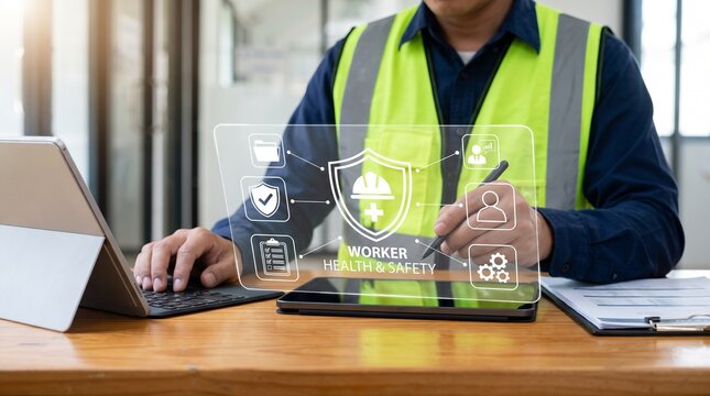Industrial worker managing occupational health and safety data with futuristic digital interface on tablet and laptop in office environment