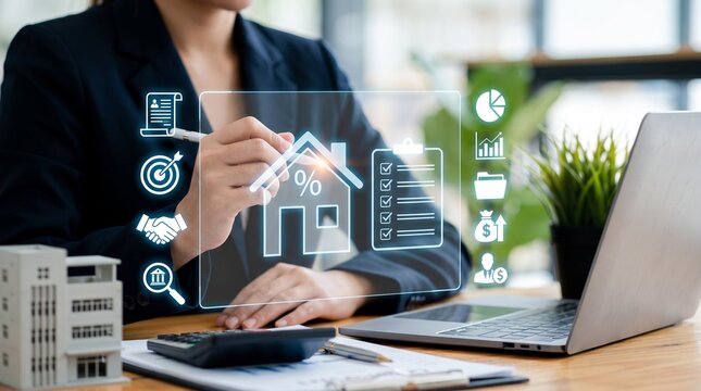 Businesswoman leveraging cutting-edge digital financial tools for real estate investment analysis and mortgage planning in a modern office environment