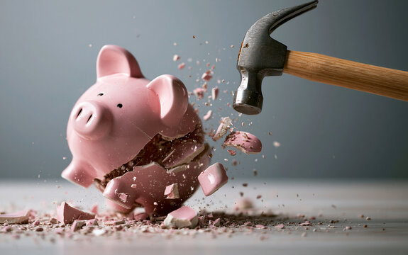 Hammer smashes pink piggy bank, shattering ceramic into pieces mid-air. Represents financial crisis, broken savings, and money management challenges