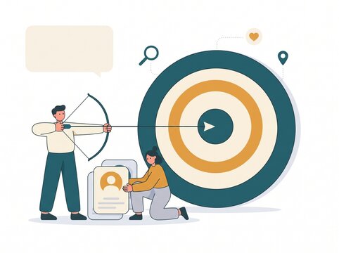 Flat vector illustration of audience targeting with a bullseye target, customer profile cards and simplified characters