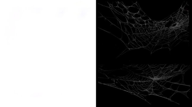 Spooky spider web collection on black background, realistic cobweb set for Halloween, dark gothic spiderweb textures for horror design