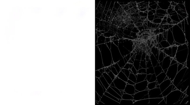 Intricate spider web illustration on black background, spooky cobweb texture for Halloween, detailed white silk net pattern for horror design