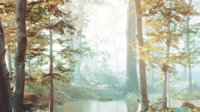 Sunlight filters through tall trees in a forest. A small pond is visible among the greenery. The scene captures the serene moment of morning with soft light and mist.