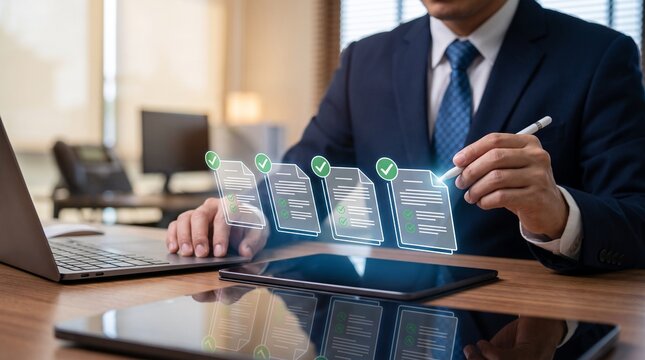 Businessman interacting with holographic documents on a digital tablet and laptop, representing business and technology